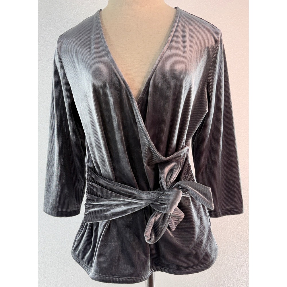Y2K Express Metallic Silver Ribbed Velvet Faux Wrap Top Fairy Grunge Whimsigoth